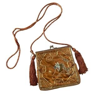 Vintage Orange Satin Dragon Asian Inspired Tassel Mini Crossbody bag